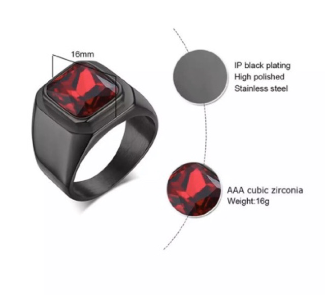 Cincin Pria Octagon Red Ruby Akik Merah Garnet Cutting Mewah Ring Black Titanium Stainless Steell