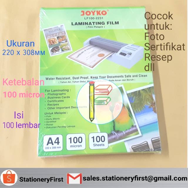 Joyko Laminating Film / Plastik Laminating Film A4 100 micron per pack isi 100