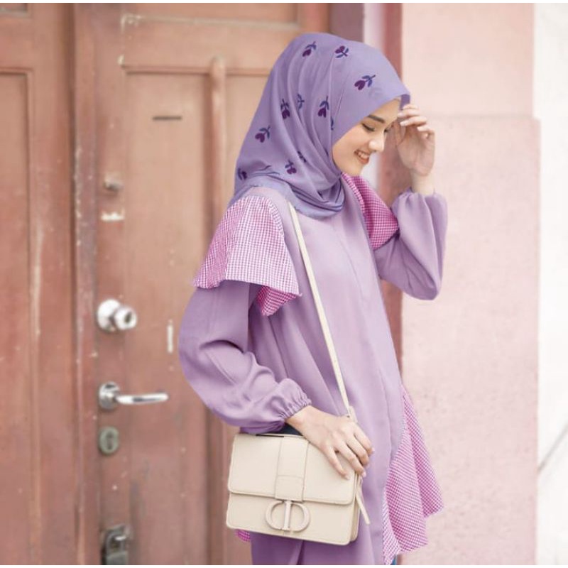 DISKONN  Hijab Segiempat Motif Tulip Lilac / hijab segi empat Syar'i / hijab voal motif / hijab segi