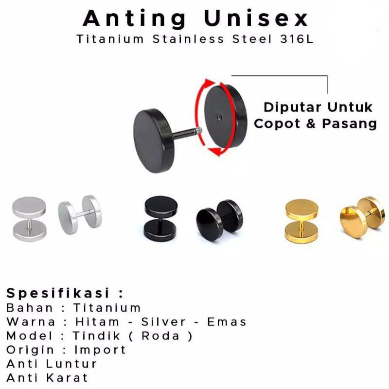 Anting Roda Hitam Baja Titanium Anti Karat Tidak Luntur