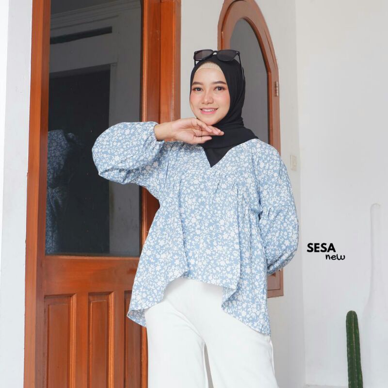 BLOUSE TARTAN LENGAN BALON MIZU KOREAN STYLE | KEMEJA MODEL FLANEL WANITA NUMMA-New Sesa Bluewardah