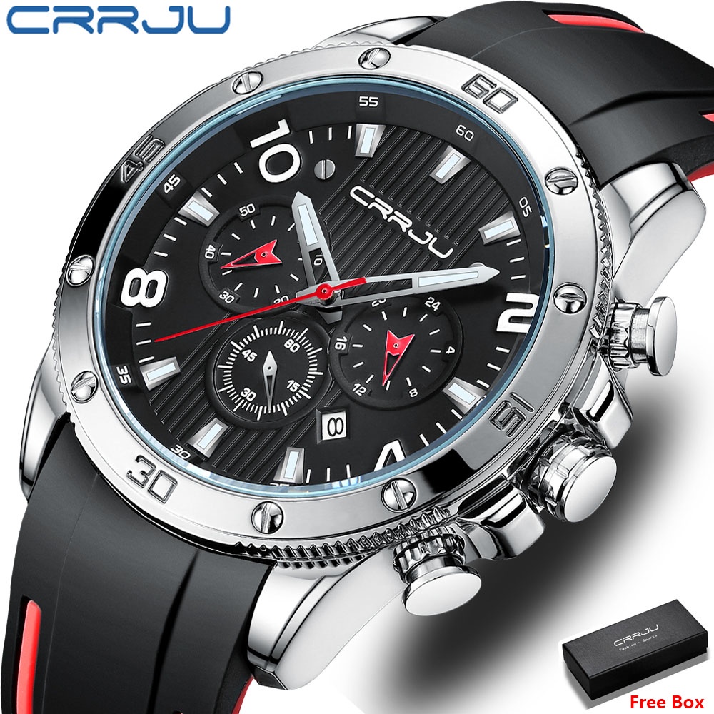 CRRJU Fashion Olahraga Chronograph Quartz Jam Tangan Bisnis Pria Tahan Air Tali Silikon Jam Tangan Cowok