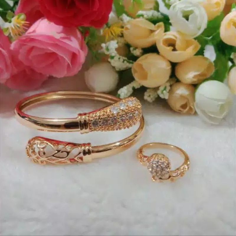 set perhiasan dewasa gelang dan cincin, perhiasan xuping lapis emas