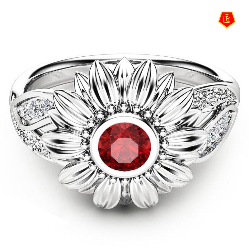 [Ready Stock]Sunflower Ruby Ring Fashionable and Elegant