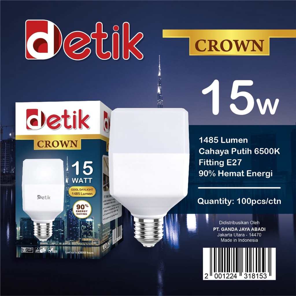 Detik Crown Lampu LED Bulb Kotak 15 Watt - Cahaya Putih