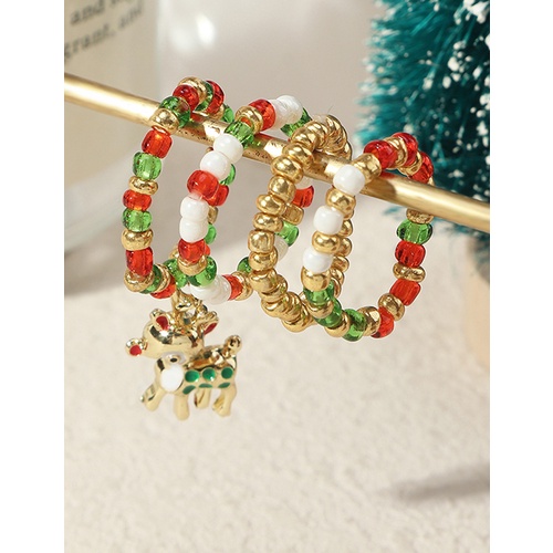 LRC Cincin Fashion Christmas Red And Green Rice Bead Beaded Ring Set Q49549