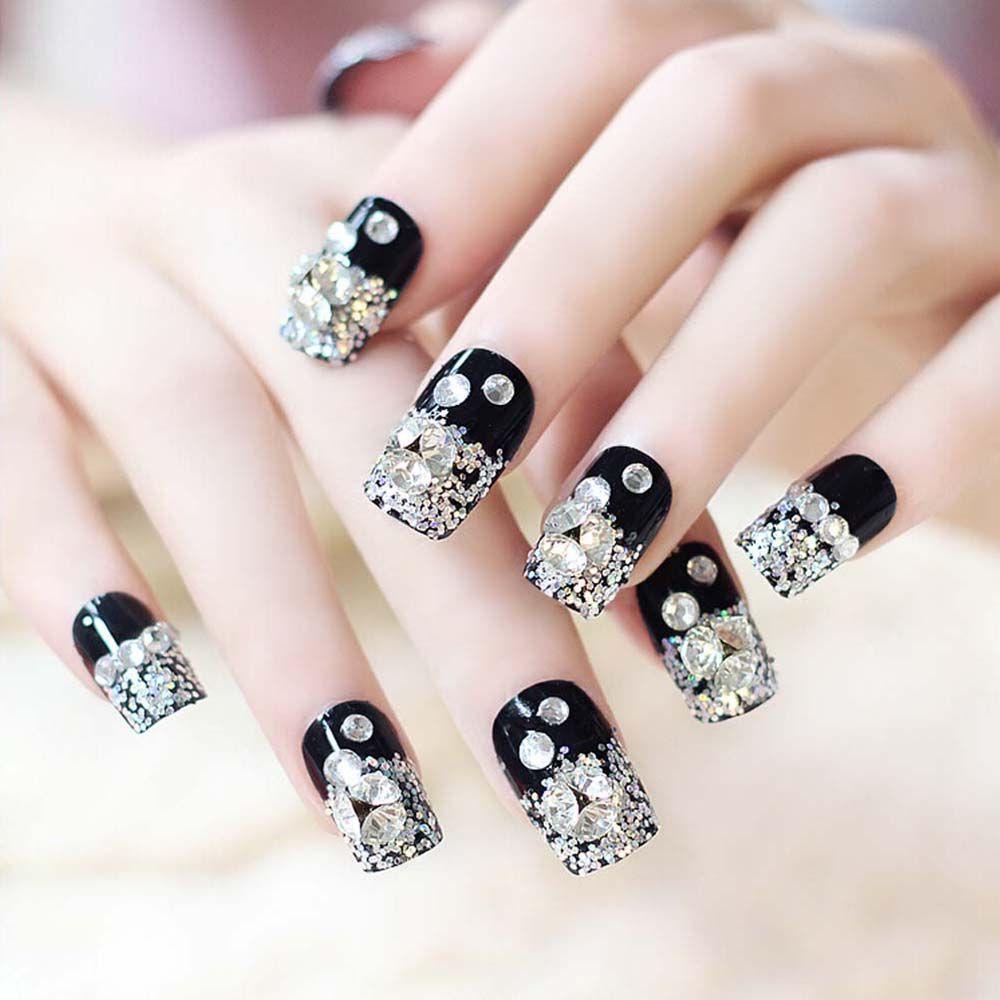 Mxbeauty Hitam Putih Kuku Palsu 24 Pcs/set Indah DIY Nail Art Manicure Charm Square Head Nail Extension