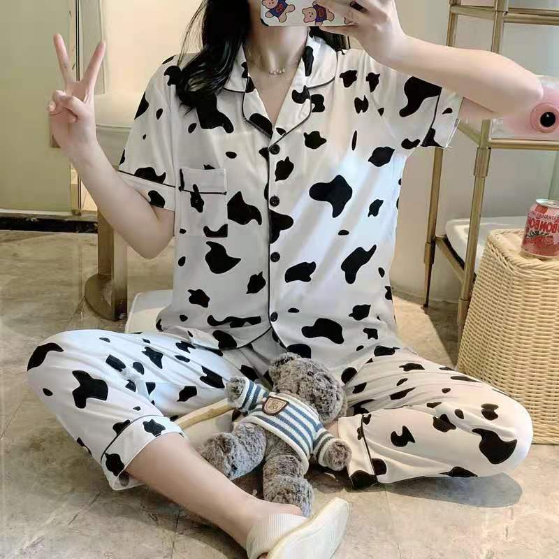 BAJU TIDUR PIYAMA SET KEMEJA CP LENGAN PENDEK CELANA PANJANG IMPORT PREMIUM BANYAK MOTIF 3-SusuHitamPutih