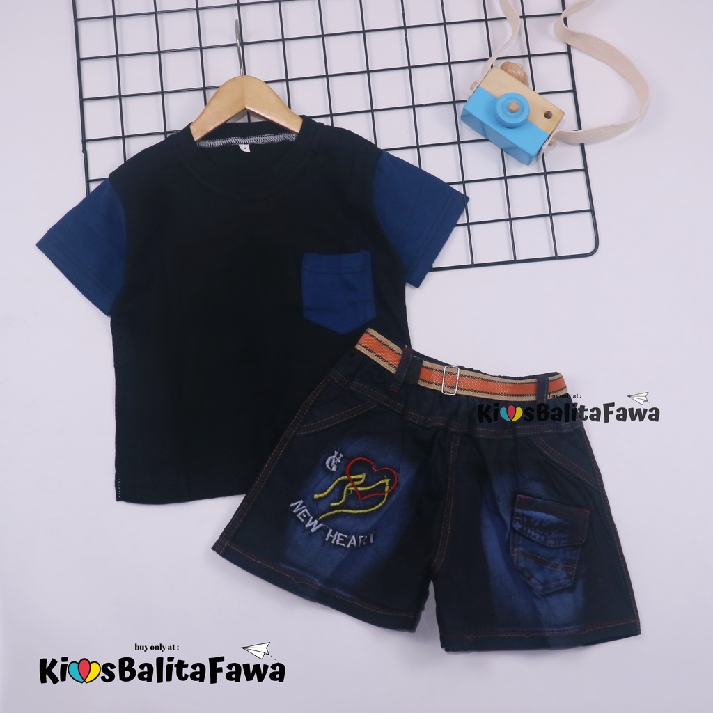 Setelan John Ethes uk 1-2 Tahun / Baju Anak Laki-Laki Lengan Pendek Celana Jeans Set Oblong Kantong