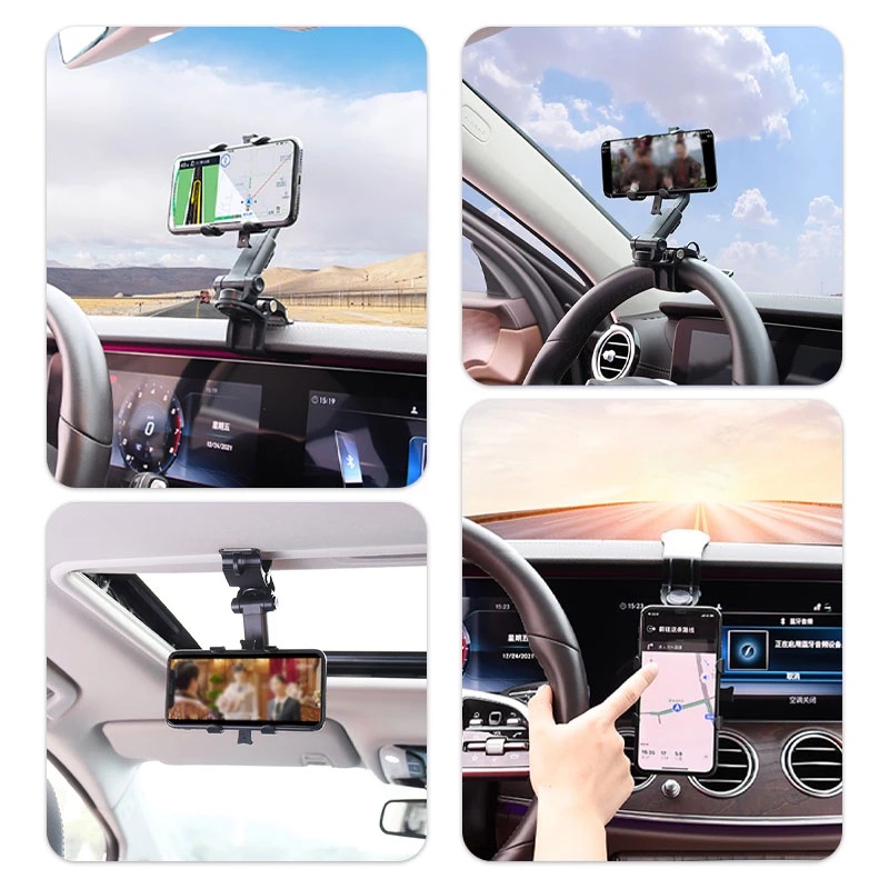 Stand Holder Hp / Gps Universal Multifungsi Bisa Berputar / Ditarik Untuk Sun Visor Mobil