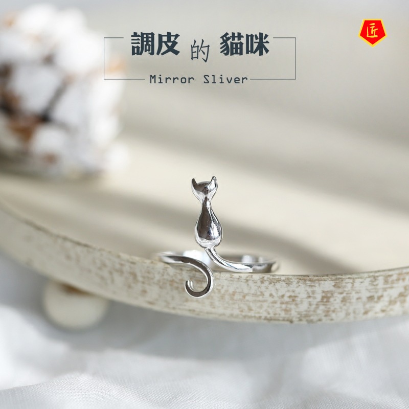 [Ready Stock]Cute Cat Kitten Tail S925 Silver Ring Women's Creative Arts Temperament