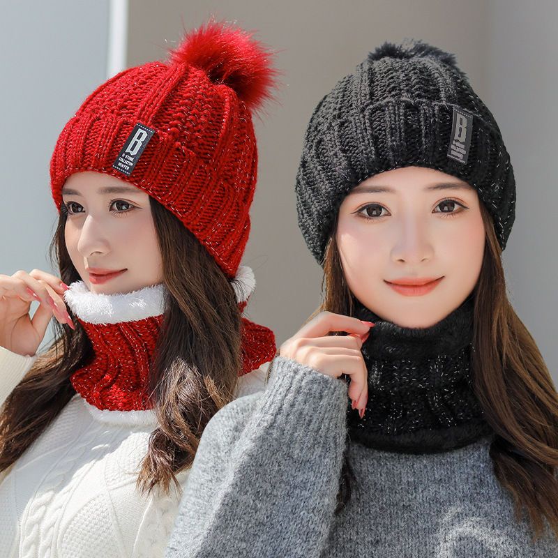 Winter Knitted Beanie Pompom Scarf Set Woman Fur Inside / Topi Kupluk + Syal