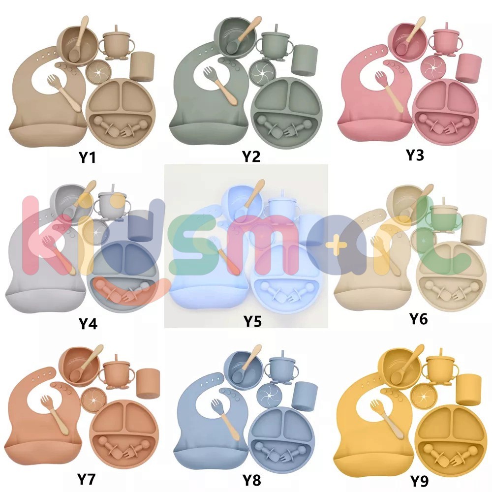 10 PCS KIDSMART Set Tempat Makan Bayi Silikon Non Slip / Alat Makan Bayi Silikon 11 Buah