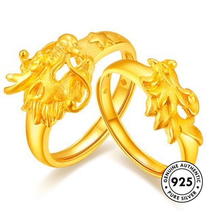 Cincin Pasangan Lapis Silver S925 Motif Naga + Burung Phoenix Untuk Pria / Wanita