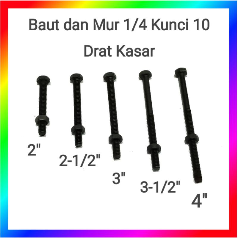 Baut dan mur 1/4&quot; inci kepala kunci 10 drat kasar