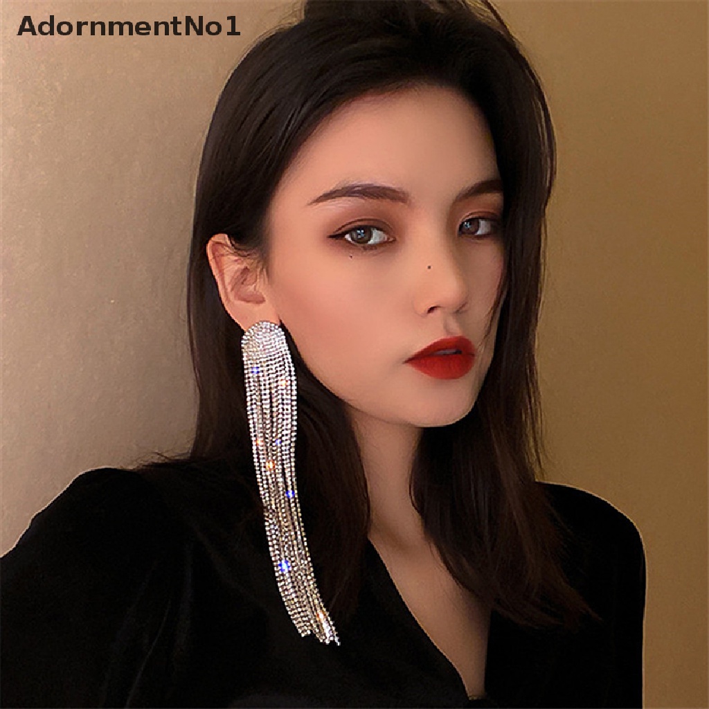 (AdornmentNo1) Anting Gantung Panjang Tusuk Motif Geometri Aksen Rumbai + Kristal + Berlian Imitasi Untuk Wanita