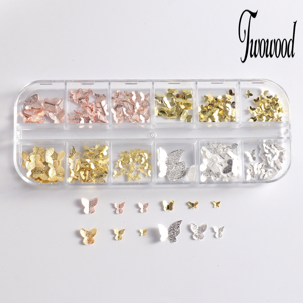 Twowood 1 Kotak Ornamen Kupu-Kupu Metal 3D Aksesoris Nail Art DIY Charms