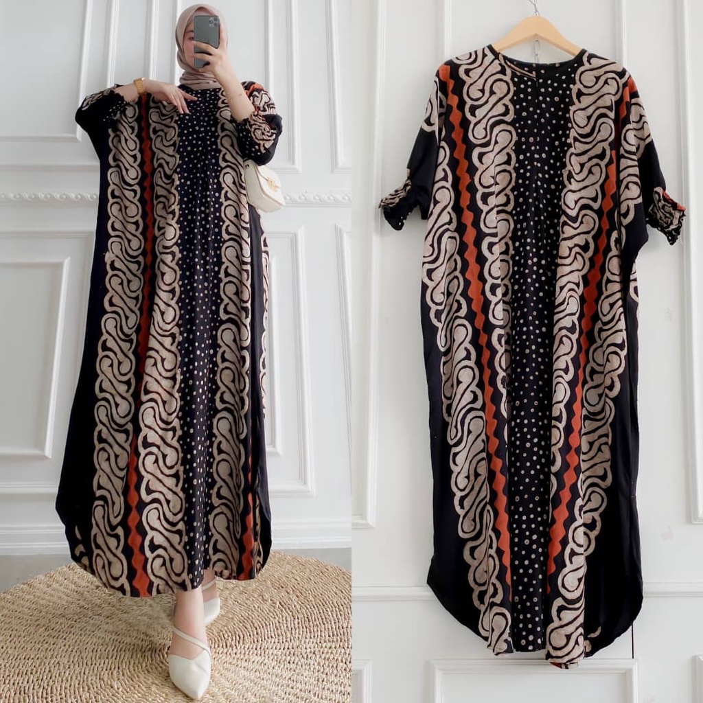 Batik A W - Mbayu Kaftan Batik Cap Encim Sogan Malaman Size Jumbo Busui Lengan 7/8 Kaftan Wanita / Kaftan Kondangan