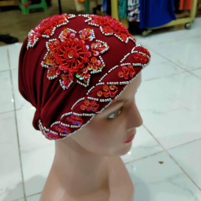 Kerpus topi kupluk hijab ibu ibu turban haji emak ciput payet Songkok topi nenek kupluk fashion khas kalimantan