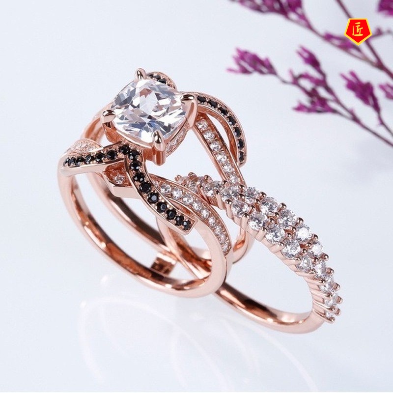 [Ready Stock]Women's Creative Rose Gold Full Diamond Ring Set