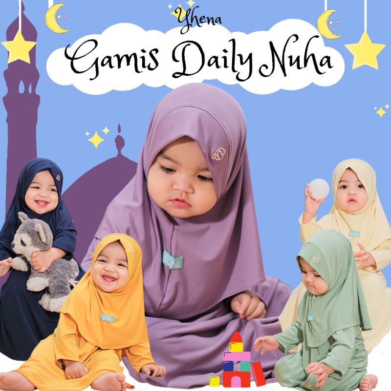Busana Muslim Anak Perempuan Baju Setelan Gamis Anak Syari Set Hijab Polos Nuha Umur 1 2 3 4 Tahun
