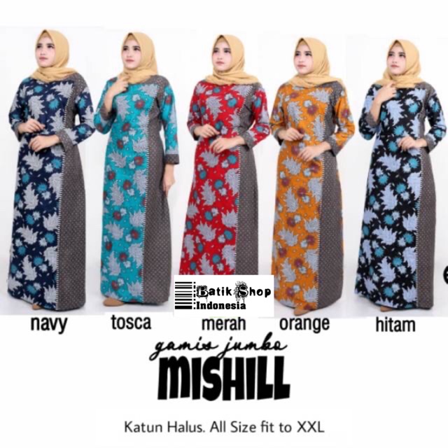 Gamis Jumbo Mishill Daun Warna Batik Dress Muslim Kerja Formal Kantoran Kondangan Modern Casual