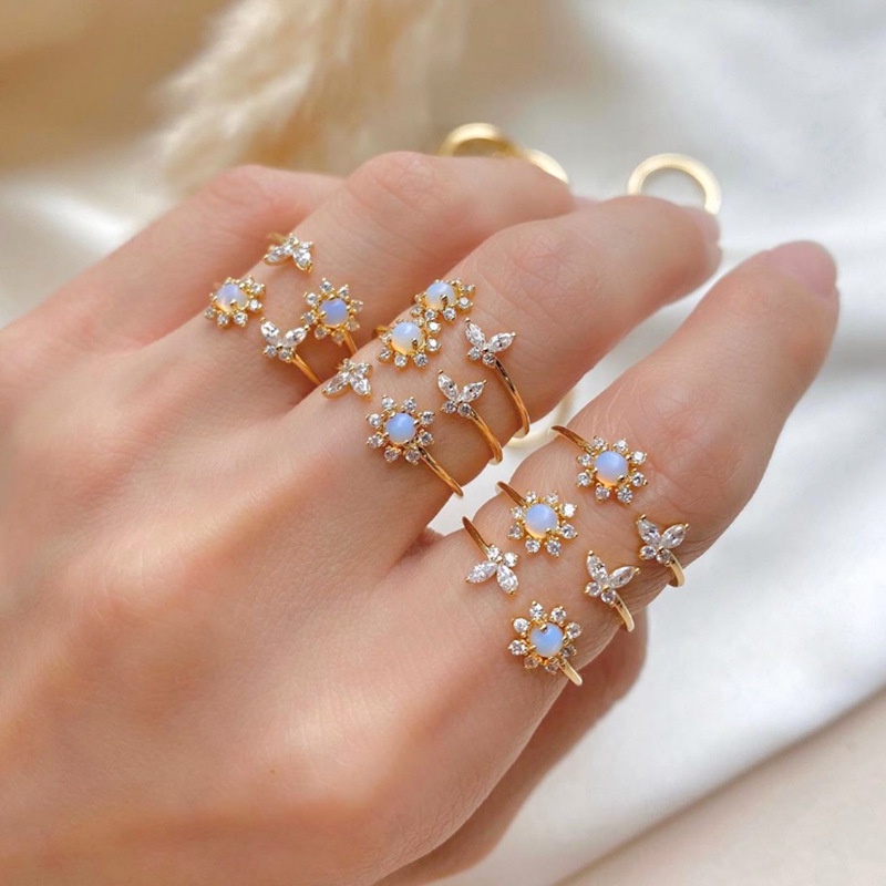 Cincin Model Terbuka Desain Bunga Matahari Kupu-Kupu Aksen opal Untuk Wanita