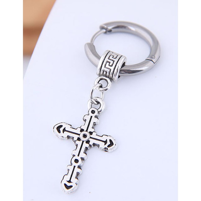 LRC Anting Tusuk Fashion Silver Titanium Steel Cross Stud Earrings A59358