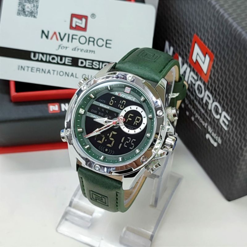 jam tangan pria NAVIFORCE 9208 Tali kulit Green DUALTIME ORIGINAL 100%