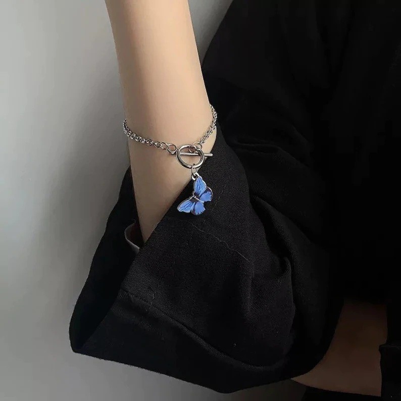 Kalung Rantai Silver Liontin Kupu Warna Biru Aesthetic /Aksesoris kalung Korea Butterfly