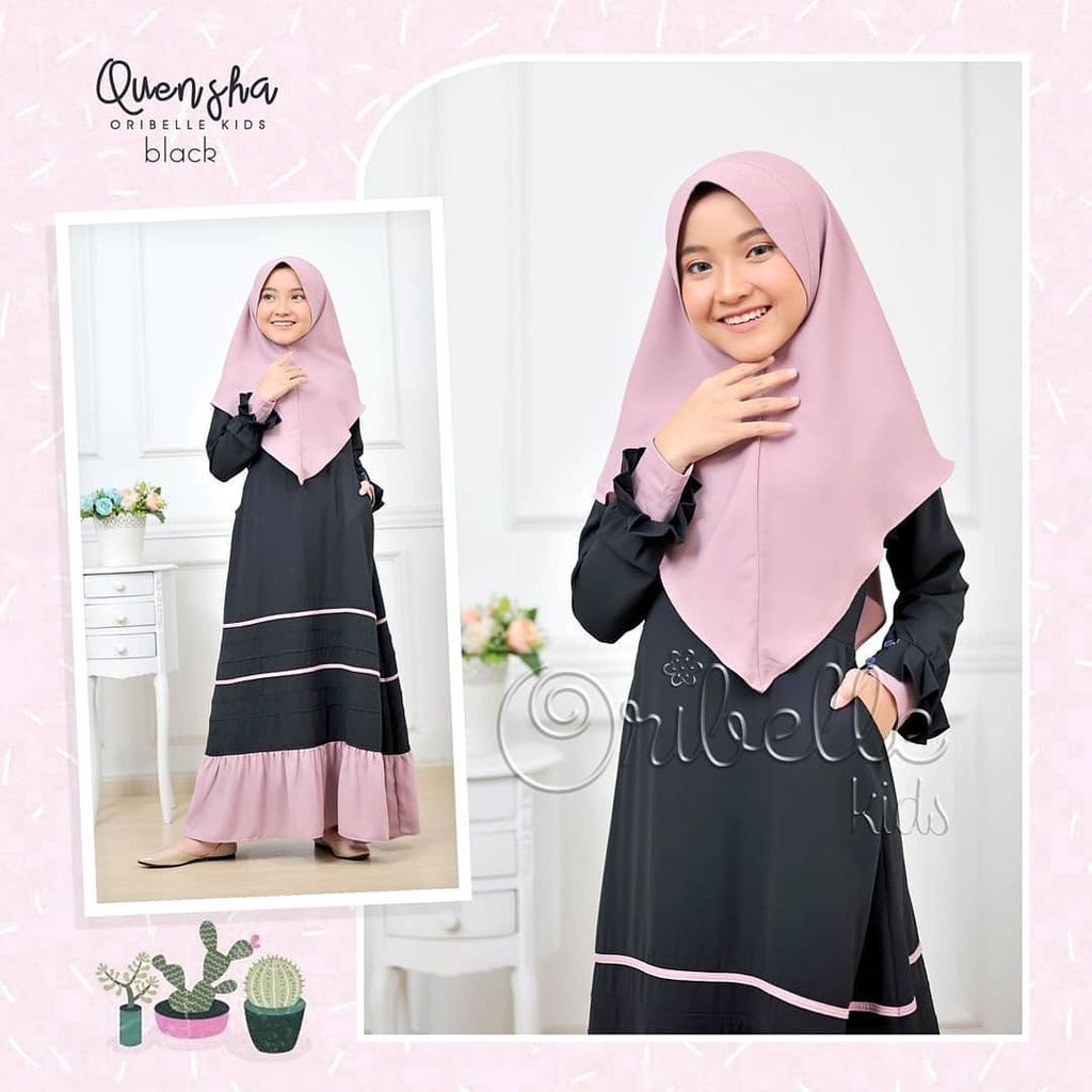 QUENSHA SYARI KIDS + HIJAB BAHAN MOSSCREPE ( UMUR 6-8 TAHUN ) Gamis Syari Set Anak Baju Gamis Anak B