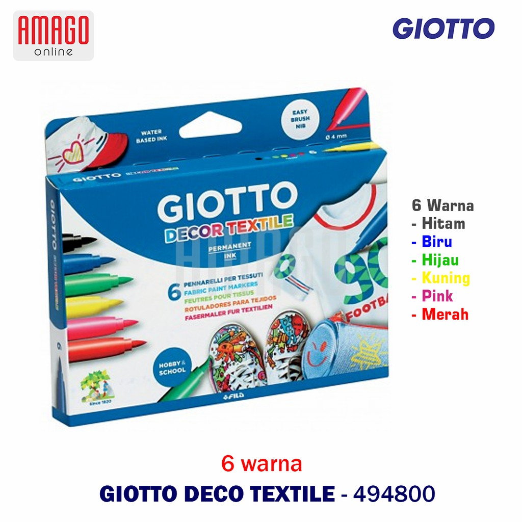 GIOTTO Decor Textile - Fiber Pen 6 Colors Spidol Permanen khusus Kain 6 warna - 494800