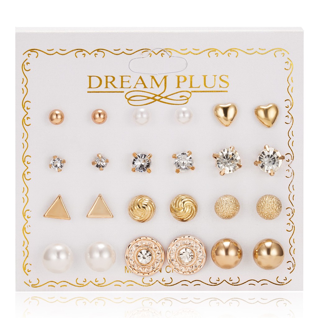 12 Pasang Anting Tusuk zircon Bulat Aneka Warna Untuk Wanita