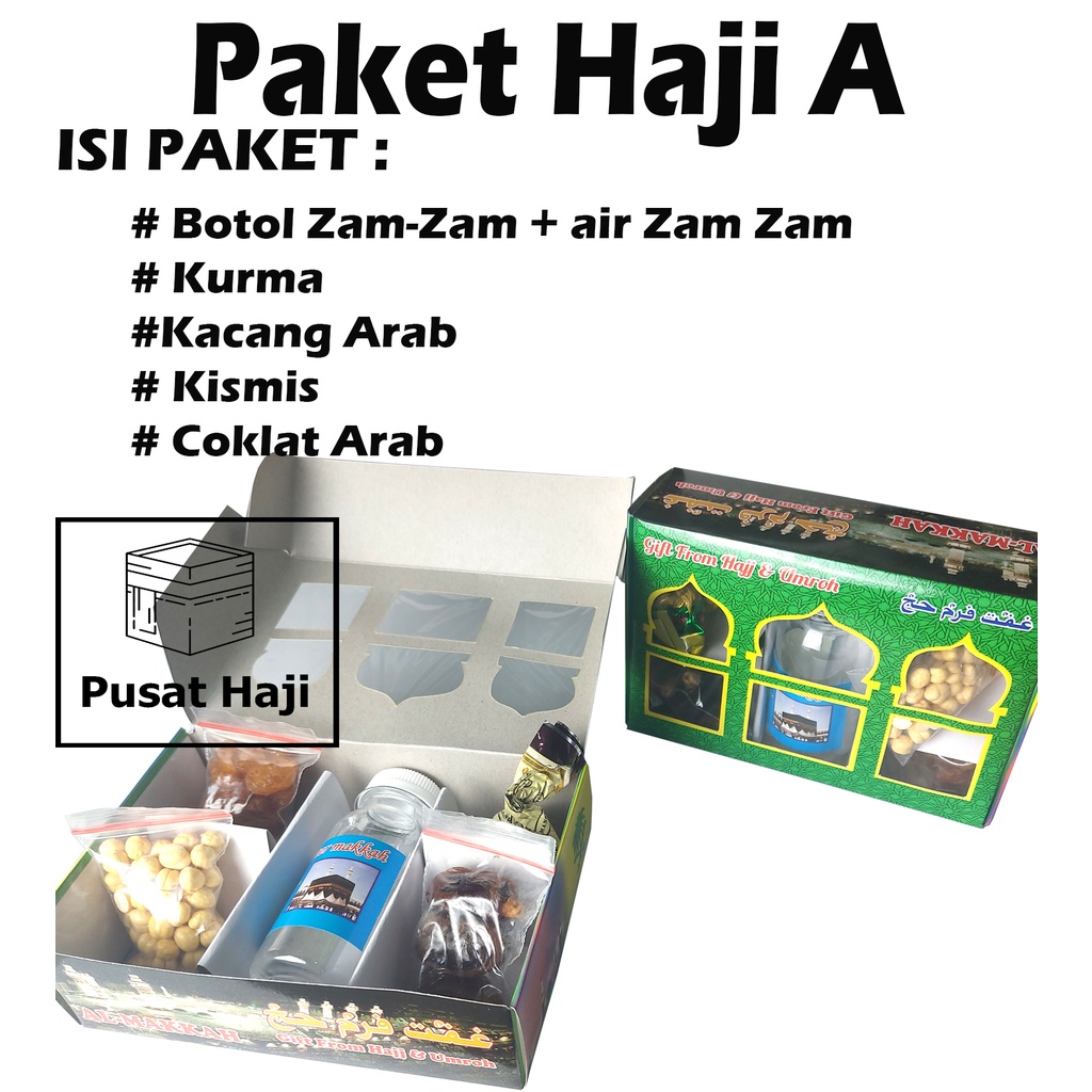 

Souvenir Paket Haji A Oleh-Oleh Haji dan Umroh 5in1 Murah & Lengkap Kurma + Air Zam zam + Kismis + kacang Arab + Coklat Arab