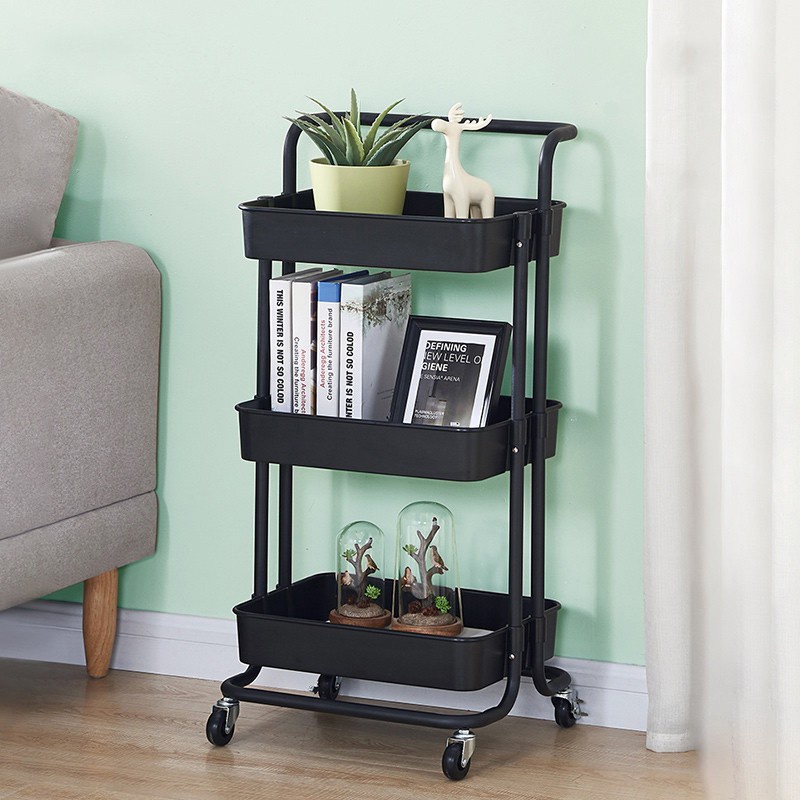 HITAM Rak roda susun 3 keranjang troli dapur kamar salon meja snack