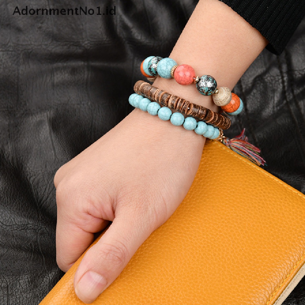 (AdornmentNo1) 3pcs / Set Gelang Tangan Multilayer Gaya Bohemia Motif Gajah + Rumbai + Manik-Manik Untuk Wanita (ID)