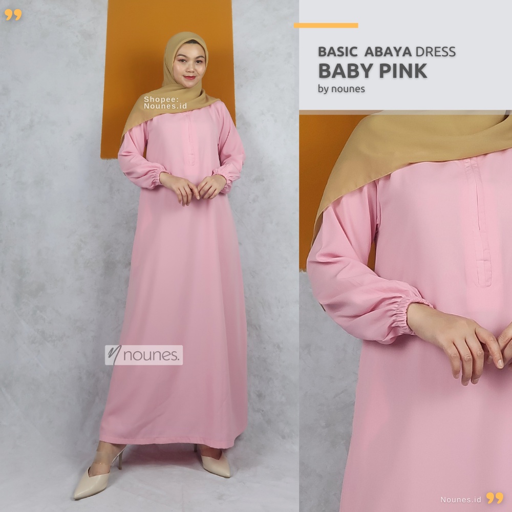 Nounes Basic Abaya Dress Gamis Daily Polos Syari Wanita Muslim Lengan Panjang Saku Kanan Busui Friendly Plain Sleve Inner Wolfis Woolpeach Grade A Warna Black Pink Navy Hijau Maxi Simple Size S M L XL Jumbo XXL LD 92 98 104 110 120-BABY PINK