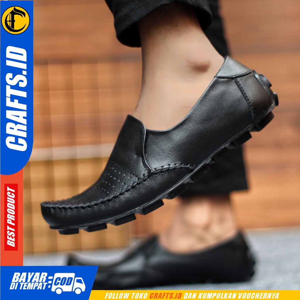 Sepatu Slip On Pria Sepatu Casual Pria Kulit Asli Kerja Kantor Kuliah Kondangan Sepatu Slop Pria Sepatu Hitam Pria CRAFTS GRACKO
