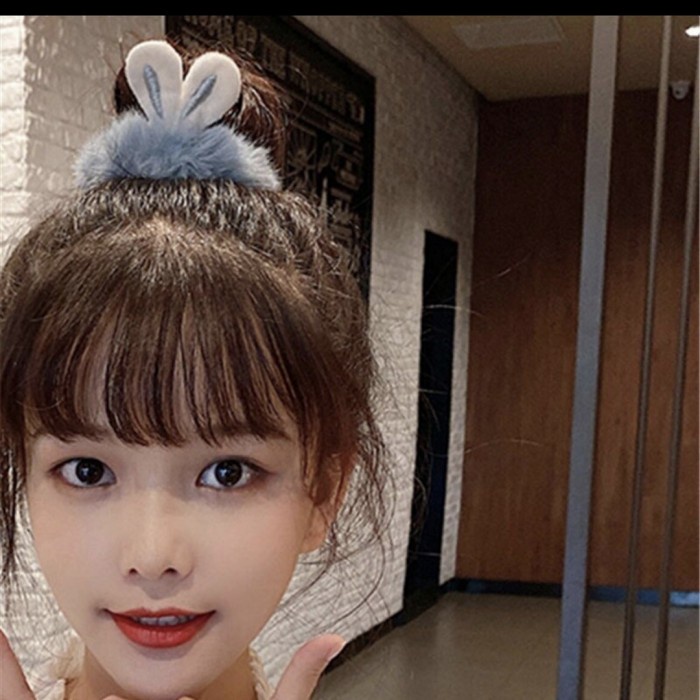 IK28 Ikat Rambut BULU POMPOM RABBIT Kelinci Hair Aksesoris Lucu Korea