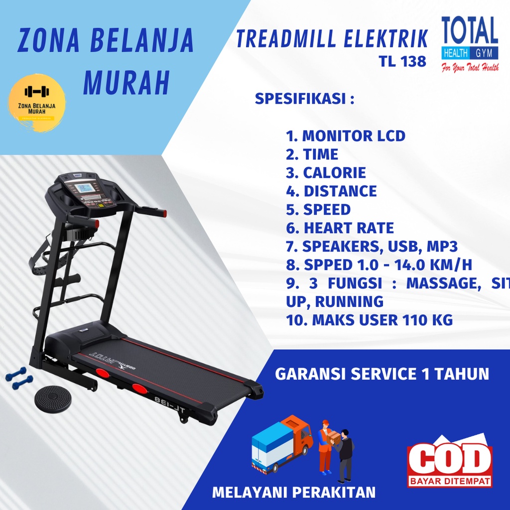TOTAL FITNESS Alat Fitnes Lari Treadmill Elektrik 2 hp TL 138 auto incline
