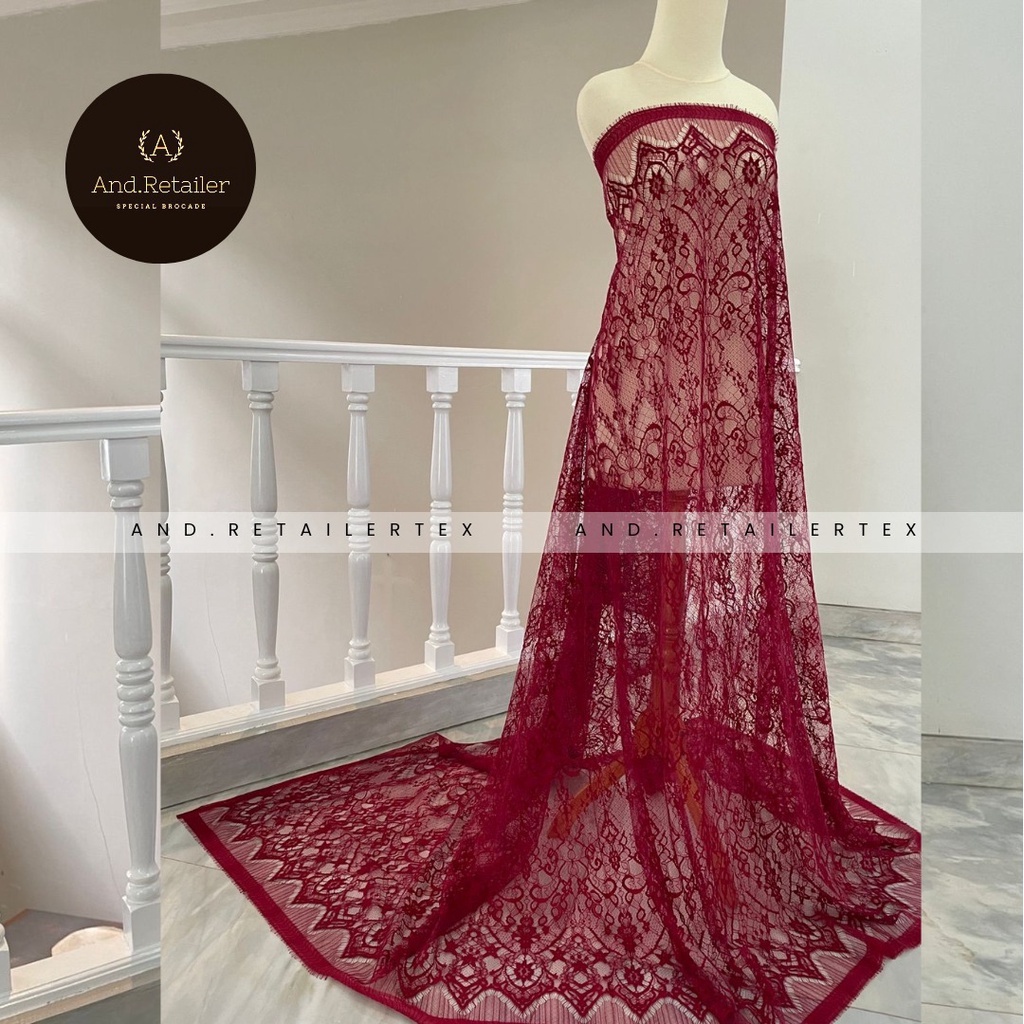 Bahan Kebaya Brokat Semi France Lace Chantily Shantily Katun Per panel 2,5m Warna Merah Maroon