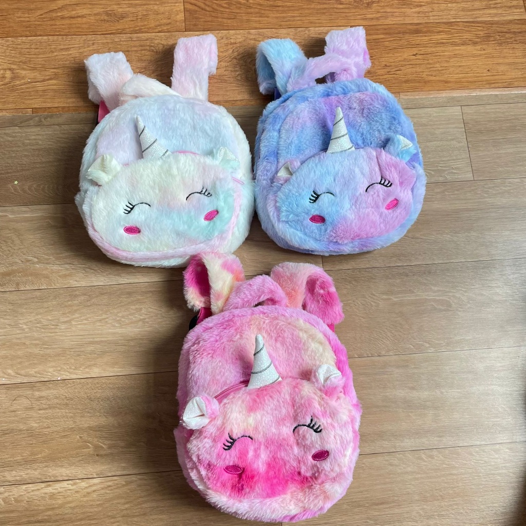 TAS RANSEL UNICORN PLUSHIE BULU TAS RANSEL UNICORN TANDUK BAHAN FULL BULU LEMBUT READY 3 MODEL WARNA PINK UNGU UTIH HARGA TERJANGKAU