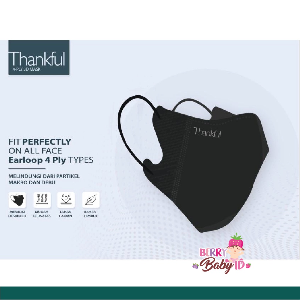 Thankful 3 Pcs Adult 3D Earloop 4 Ply Face Mask Masker Dewasa Berry Mart