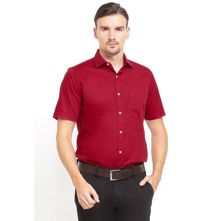 Johnwin - Slim Fit - Kemeja Formal Pria - Lengan Pendek - Merah - Free keychain