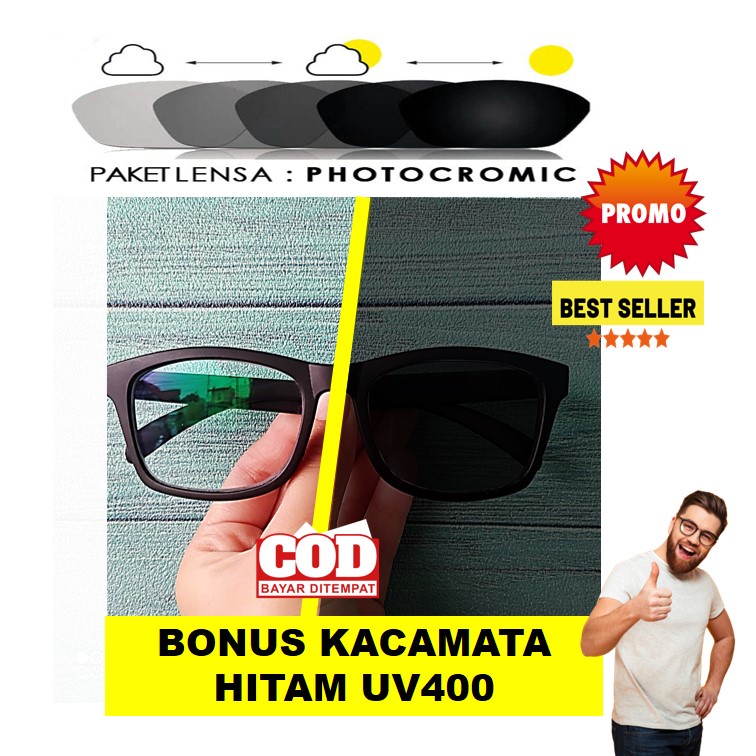 ORIGINAL Kacamata Minus Wanita Pria Photocromik Kotak Hitam Full Matte Anti Radiasi Korea R3520