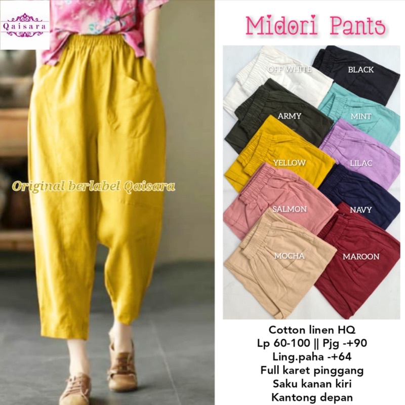 Midori pants ori qaisara celana katun linen murah karet pinggang