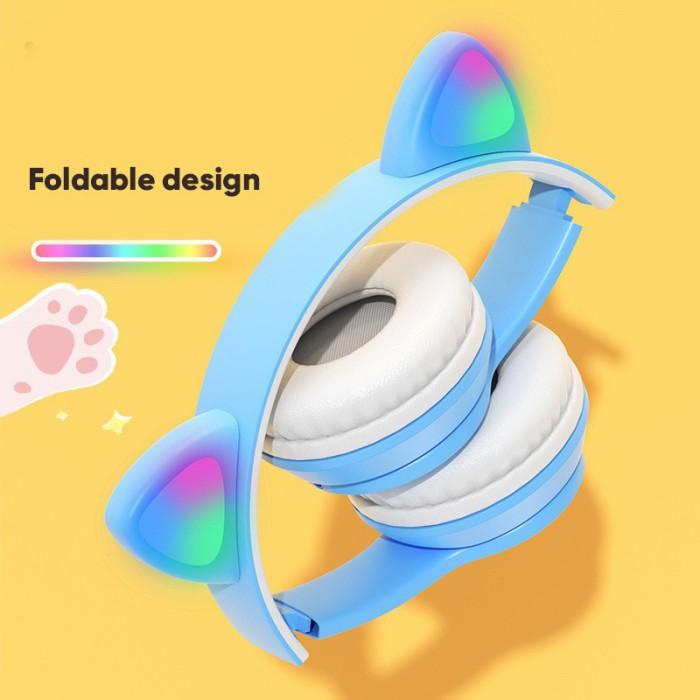 Headset Kucing Bluetooth LED Bass /Headphone/earphone Anak Pink