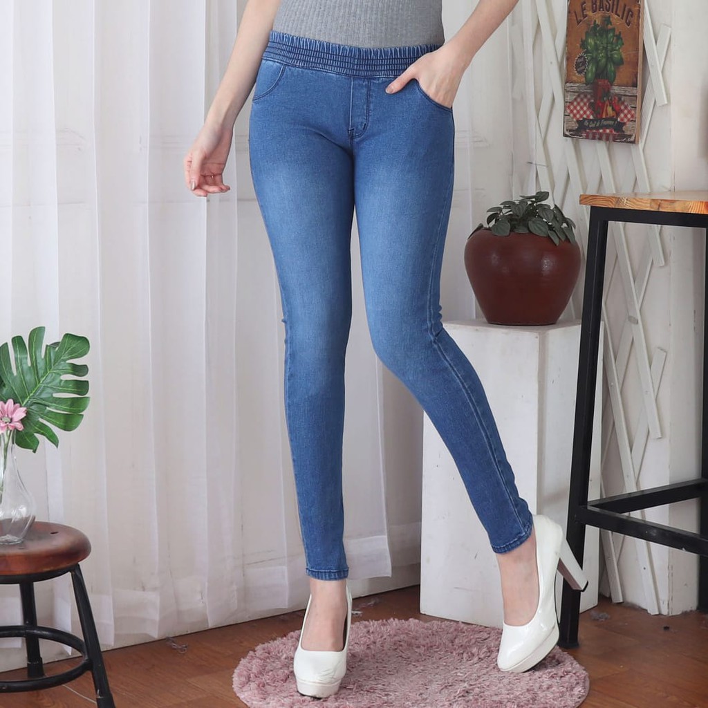 7C-G CELANA LEGGING JEANS PREMIUM BIRU JEANS /PINGGANG KARET /STREACH / 27 - 38