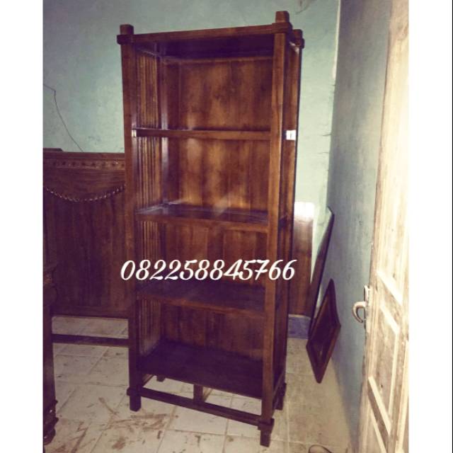 Rak Buku Guci Hias Ruangan Tamu Plus Laci Kayu Jati Jepara Furniture