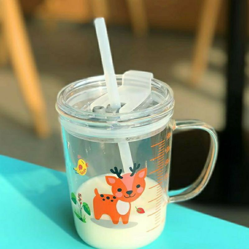 Gelas Minum Anak H421 Motif Karakter Animal Gratis Sedotan 400ml ACC